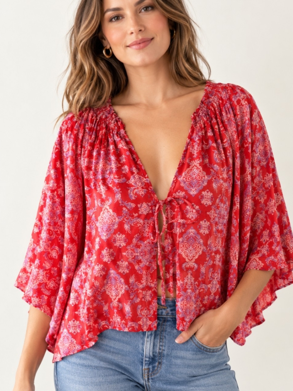 Free People Red Paisley Chiffon Tie Front Boho Blouse Large
